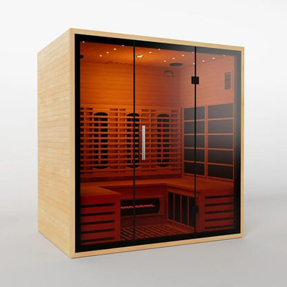 4 People Indoor Infrared Sauna, Low EMF Full Spectrum Red Heater with Carbon Heating Panels, Canadian Hemlock Wood, WiFi Control, 7-Color Starry Light, Reading Lamp, 2700W, 220V