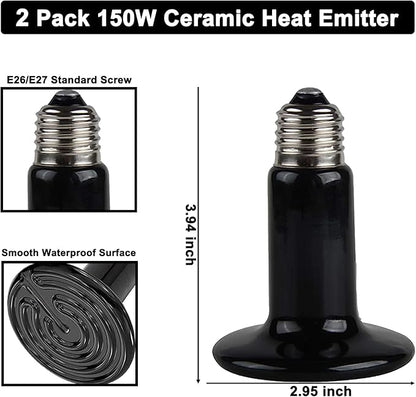 DXOPHIEX 15 inch Dual Reptile Light Fixture, Max 150W Reptile Heat Lamp with 2PCS 150W Ceramic Heat Emitter, Double Dome UVB Light Fixture for Terrarium and Tortoise Habitat