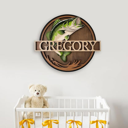 Personalized Nursery Sign, Fishing Wooden Sign with Name, Hello World Newborn Sign, Salmon Sign for Kid Room Decor, Baby Gifts for Boy, Custom Baby Name Sign, Baby Boys Wall Art Bedroom