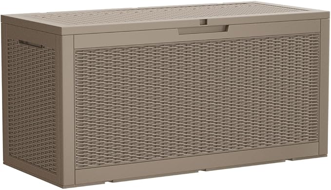 Devoko 95 Gallon Deck Box Large Resin Outdoor Storage Box, Waterproof and UV Resistant Lockable for Outdoor and Patio, Large Storage Cabinet for Patio Furniture, Tools and Pool Supplies, Light Brown