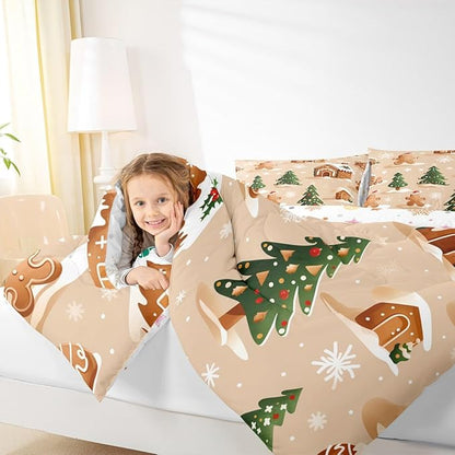 Feelyou Christmas Bedding Set Soft for Boys Girls, Gingerbread Man Comforter Set Twin Size Snowflake Duvet Quilt Microfiber Xmas Tree Bedroom Decor 2 Pcs with 1 Pillow Cases