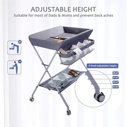Baby Changing Table Portable Folding Diaper Changing Station with Wheels, Adjustable Height Mobile Nursery Organizer with Safety Belt and Large Storage Racks for Newborn Baby and Infant, Gray