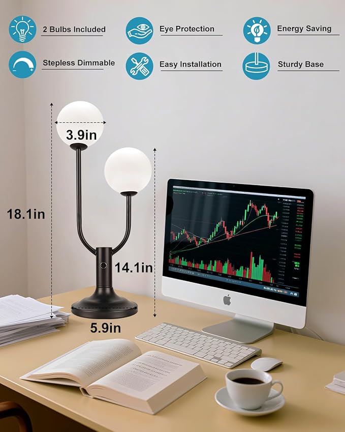 Modern Black Table Lamp for Bedroom, Dimmable Globe Table Lamp 2-Light Desk