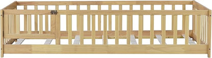 Bellemave Twin Size Floor Bed Frame with Fence and Door for Kids, Montessori Floor Bed with Slats and Safety Guardrails,Solid Wood Twin Bed Frame for Girls Boys,Natural