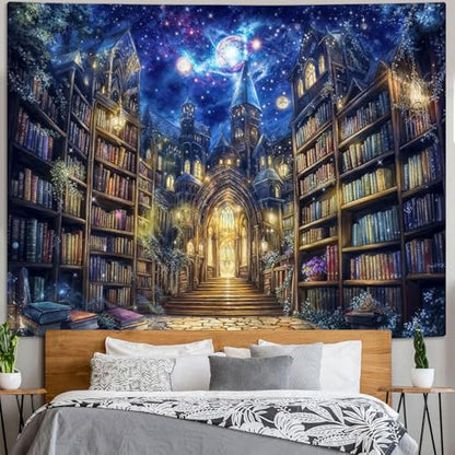 Fantasy Bookshelf Tapestry Space Library Tapestries Wall Hanging Gothic Galaxy Castle Magic Book Extra Large Tapestry for Bedroom Living Room Dorm Classroom 90 x 68 inch
