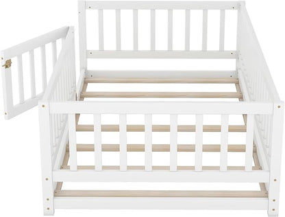 Twin Size Floor Bed Frame with Door and Slats,Montessori Floor Bed with Safety Guardrails for Girls Boys,Solid Wood Kids Montessori Bed Twin Size,White