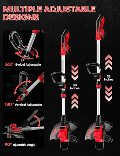 Cordless Weed Wacker, for Milwaukee M18 Battery, 3 IN 1 Battery Powered Weed Eater & Edger & Mower with Auto Line Feed, 20000 RPM 12 Inch Brushless Grass Trimmer, 6 Line Spools String Trimmer for Lawn