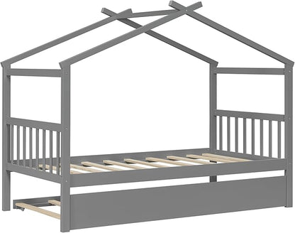 Harper & Bright Designs Twin House Bed for Kids, Wood Platform Bed with Trundle, Montessori Bed with Roof, Playhouse Trundle Beds for Kids,Teens, Bedroom, Gray