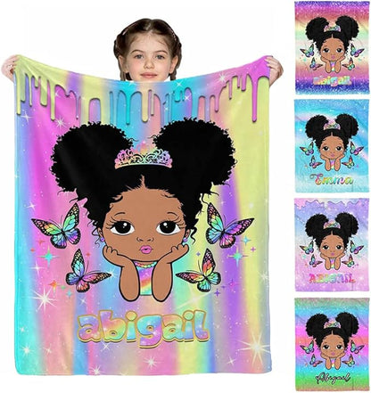 D-Story Custom Blanket with Name Text, Personalized Flannel Throws for Black Girls - Customized Gift for Kids