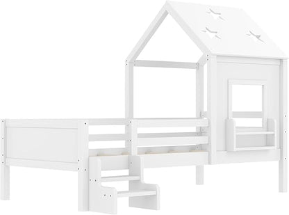 Bellemave Twin House Bed with Rails or guardrails and Bookcase, Wooden Twin House Shape Platform Bed for Boys, Girls, Teens, White