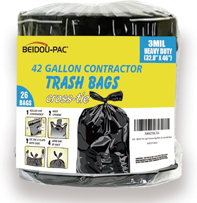 Contractor Heavy Duty Trash Bags 42 Gallon | 26 Count | 3 MIL | 32.8" X 46" | Large Black Flap Tie Construction Garbage Bags for Business Home Commercial, Industrial, Storage, Outdoor