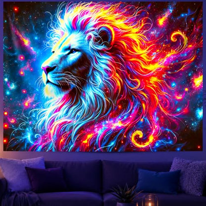 Blacklight Tapestry Lion Galaxy Party Backdrop 78 x 59 Inch
