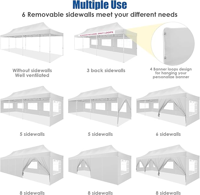 HOTEEL 10x30 Pop up Canopy Tent for Parties, Heavy Duty Easy Setup Tent with 8 Sidewalls, Outdoor Commercial Instant Gazebo for Wedding Event, with Portable Bag & Sand Bags, White(Hexagonal Frame)