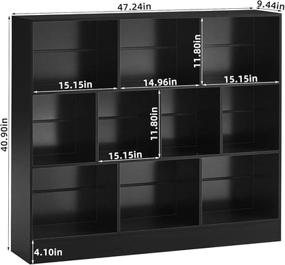YAHARBO Black Wide Bookshelf,3 Tier Modern Horizontal Bookcase,Wood Low Bookshelves Display Storage Cabinet with Base,Floor Standing 10 Cube Large Bookcases Organizer for Bedroom,Living Room,Office