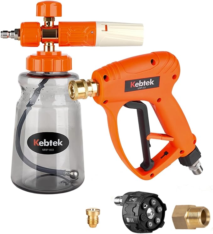 Short Pressure Washer Gun with Swivel 5200 PSI，Power Washer Gun Compatible with Foam Cannon - Car Wash Foam Gun-1/4 Quick Connector, with Nozzle Tips (MRP-003-A-spray Gun+Foam Pot)