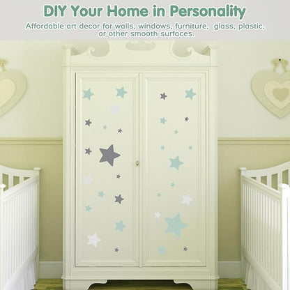 Stars Wall Stickers Removable, Vinyl Stars Wall Decals Peel and Stick, Green and Grey Tone Stars Wall Stickers for Living Room Decoration