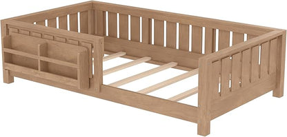 Bellemave Twin Floor Bed with Slats and Safety Guardrail, Twin Size Montessori Floor Bed with Fence and Built-in Bookshelf, Easy Assemble Montessori Beds for Kids, Girls, Boys, Natural