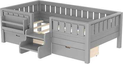 Bellemave Twin Size Kids Bed with high Rails and with Built-in Bookshelf and Drawers for Kids, Girls, Boys, Wood Montessori Bed Without Door, Gray