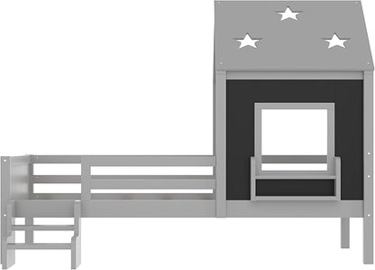 Bellemave Twin House Bed with Rails or guardrails and Bookcase, Wooden Twin House Shape Platform Bed for Boys, Girls, Teens, Gray