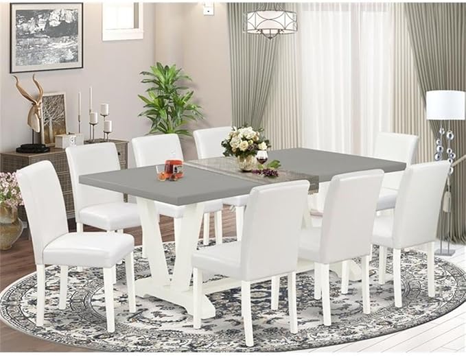East West Furniture V097AB264-9 9 Piece Modern Dining Table Set Includes a Rectangle Dining Room Table with V-Legs and 8 White Faux Leather Parsons Chairs, 40x72 Inch, Multi-Color