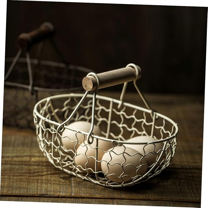 2pcs Wire Egg and Bread Basket with Wooden Handle, Farmhouse Style Multi-function Fruit Storage Container for Kitchen Countertop and Pantry Organization