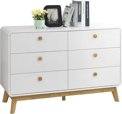 ELISA HOME Aries 6 Drawer Dresser for Bedroom, Modern Wide Chest of Drawers, Wood Storage Organizer for Clothes, Entryway, Hallway, Nursery or Living Room, White