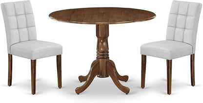 East West Furniture DLAS3-AWA-27 3 Piece Mid Century Modern Dining Set contain A Wood Table and 2 Light Gray Polyester Fabric Mid Century Modern Dining Chairs, Antique Walnut