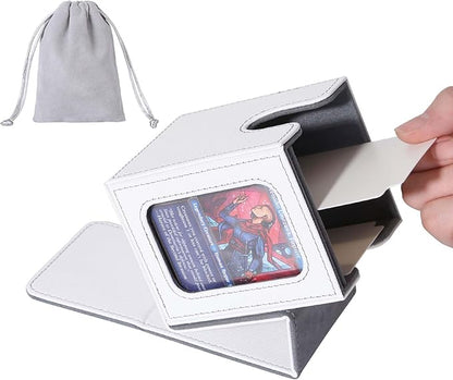 AFIING MTG Deck Box for Commander Display, Fits 100 Double Sleeved Cards, Magic Commander TCG Card Storage Box with 2 Dividers, Drawstring Bag and 1 Toploader (White/Grey)