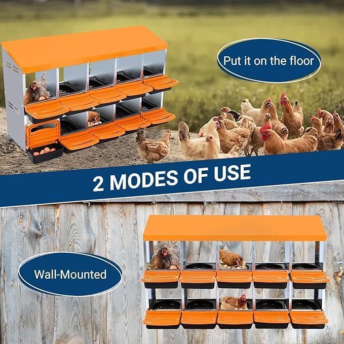 Chicken Nesting Box，10-Hole Nesting Boxes for Chicken Coop with Removable Plastic Egg Tray & Ventilation Holes, Wall Mount/Freestanding Poultry Laying Box for Hens, Ducks & Coops