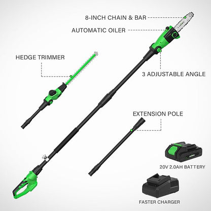 SOYUS Pole Saw 8-Inch Cordless and 18-Inch Pole Hedge Trimmer 2-in-1, 15-Foot Max Reach Pole Saw for Tree Trimming, 16ft/s Speed, Auto Oiling, Multi-Angle Pole Chainsaw with 2.0Ah Battery & Charger