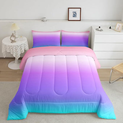 Feelyou Pink Purple Blue Comforter Twin Size, Rainbow Ombre Bedding Set Kids Toddler Colorful Gradient Comforter Set for Boys Girls Colorful Duvet Set Durable Bed Set 2Pcs