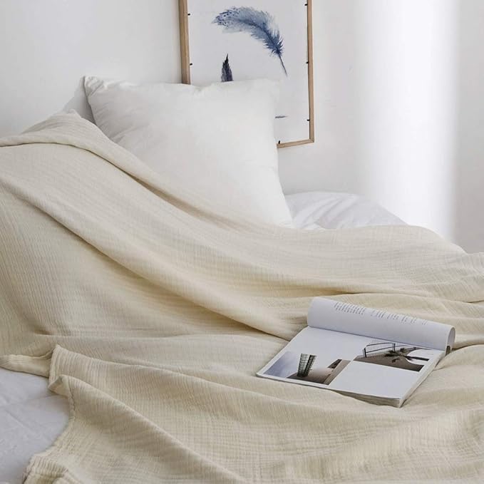 Simple&Opulence Cotton Muslin Throw Blanket for Bed, Couch, Knit Woven Gauze Blanket with Tassels, Soft Lightweight Cozy Pre-Washed Breathable Farmhouse Decoration for All-Season (Cream)
