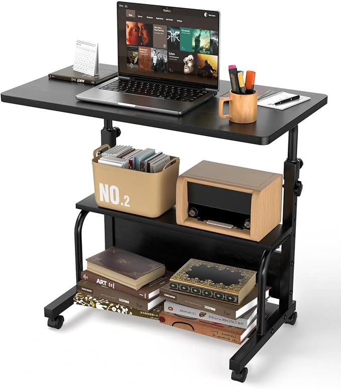Portable Rolling Desk on Wheels Adjustable Height Desks for Small Spaces, 32" Computer Desk with Storage Shelves for Home Office Black