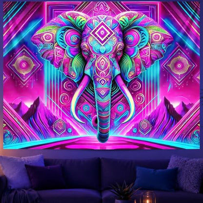 Blacklight Tapestry Elephant Neon Wall Art 78 x 59 Inch