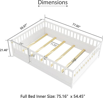 Bellemave Full Floor Bed with Slats and High Fence, Full Size Montessori Floor Beds with Door, No Box Spring Needed, Easy Assemble Montessori Bed Frame(White Full)