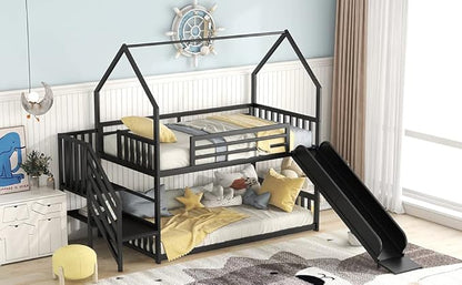 MERITLINE Metal Bunk Bed Twin Over Twin Bunk Bed Frame with Slide and Stairway,Twin Over House Bed with Guardrails