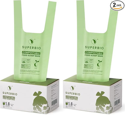 SUPERBIO 1.6 Gallon Handle Tie Compostable Food Scrap Bags, Small Compost Bags with Handles, 50 Count, 2 Pack, BPI & OK compost INDUSTRIAL