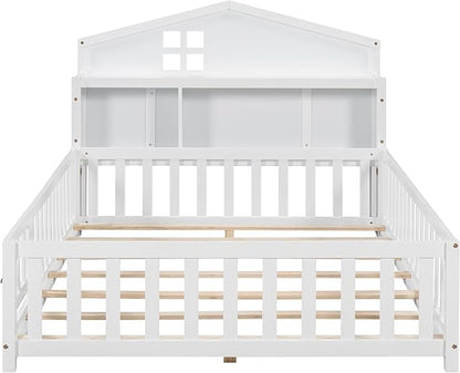 Bellemave Full Size Floor Bed for Kids, Girls, Boys, Solid Wood Montessori Bed with Storage headboard, Door, Storage, White