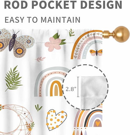 Boho Rainbow Curtains for Girls Bedroom, Bohemian Cute Lovely Butterfly Floral Rainbow Print Pastel Baby Kids Girls Bedroom Living Room Nursery Playroom Classroom Curtains for Windows, 84"x84" Inch