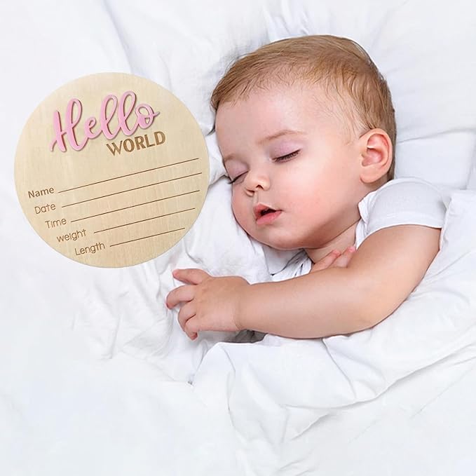 Baby Announcement Sign, 5.9 Inch Wooden Hello World Newborn Signs, Birth Announcement Sign, Baby Shower Hospital Nursery for Newborn Boys and Girls (Pink,Pen)