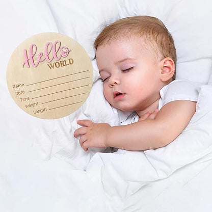 Baby Announcement Sign, 5.9 Inch Wooden Hello World Newborn Signs, Birth Announcement Sign, Baby Shower Hospital Nursery for Newborn Boys and Girls (Pink,Pen)