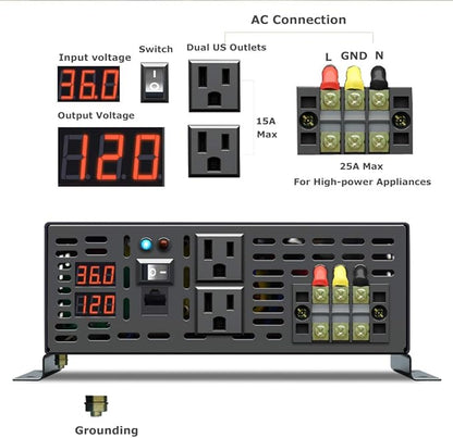 WZRELB 3000W 36VDC 120VAC Pure Sine Wave Power Inverter with 2 AC Outlets Wired Remote Control Car Inverter