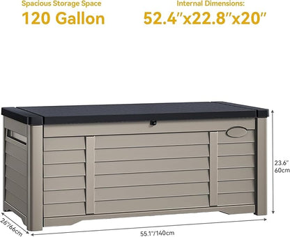 DWVO Large Deck Box 120 Gallon Waterproof Outdoor Storage Box, Extra Large Outdoor Bin, Resin Louvered Patio Storage for Pillows, Garden Tools & Pool Supplies, Lockable, Black&Brown