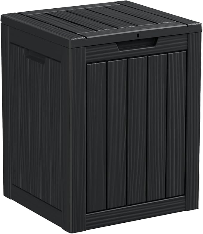 28 Gallon Deck Box,Resin Outdoor Storage Box with Lockable for Patio Furniture, Pool Accessories, Garden Tools Waterproof Outside Storage Box, Black
