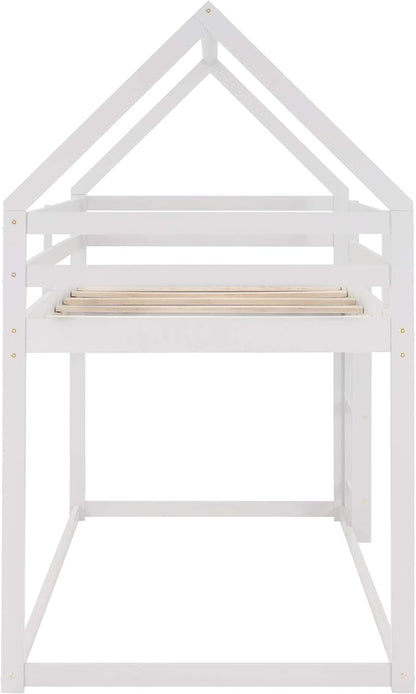MERITLINE House Shaped Bunk Bed Twin Over Twin Size Wood Bunk Bed Frame Low Bunk Beds for Kids and Toddlers, Twin Size,White