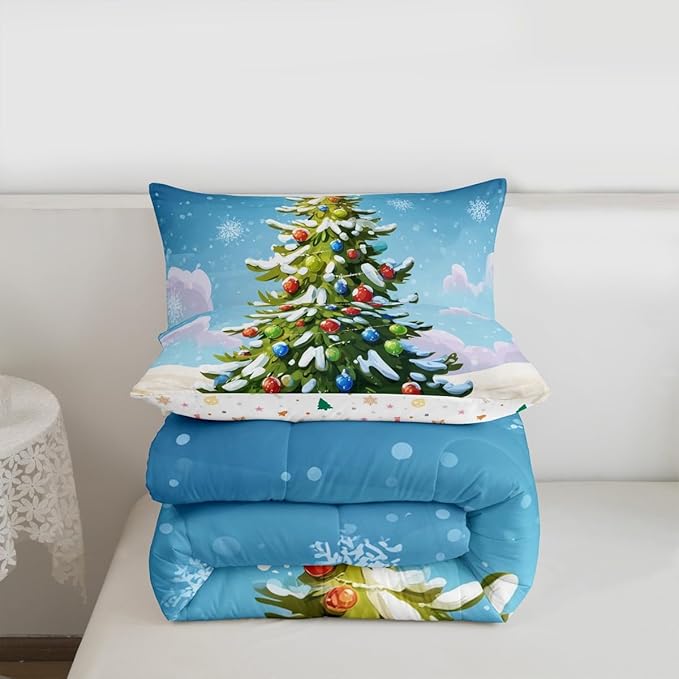 Feelyou Christmas Bedding Set Soft for Boys Girls, Xmas Tree Comforter Set Toddler Size Christmas Tree Ornaments Duvet Quilt Microfiber Winter Snowflake Bedroom Decor 2 Pcs with 1 Pillow Cases