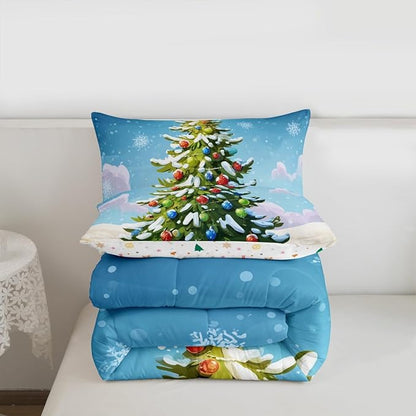 Feelyou Christmas Bedding Set Soft for Boys Girls, Xmas Tree Comforter Set Toddler Size Christmas Tree Ornaments Duvet Quilt Microfiber Winter Snowflake Bedroom Decor 2 Pcs with 1 Pillow Cases