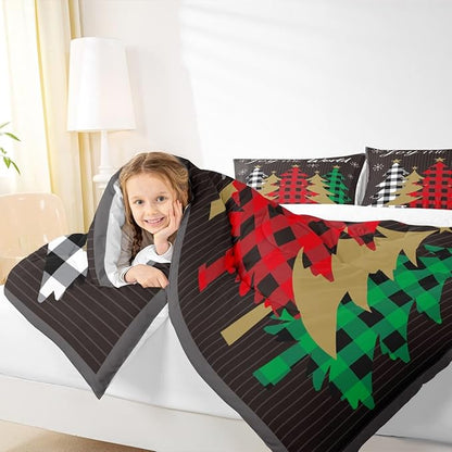 Christmas Kids Comforter Set King Size,Plaid Pine Trees Snowflake Bedding,Girls Boys Adults Bedroom/Xmas Cabin Decor,Geometric Lines Stylish Down Comforter,Rustic Colorful Duvet Insert,2 Pillowcases