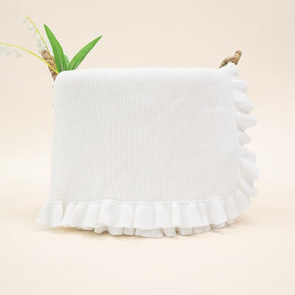 Ruffle Knit Blanket for Baby - 100% Luxury Soft Cotton Knit Warm Cozy Cuddle Stroller Crib Blanket for Newborns, Infants, & Toddlers (White)