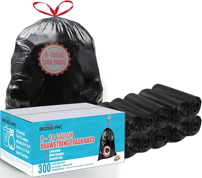 8-10 Gallon Trash Bags Drawstring, 300 Count Bulk, Black & Unscented Multi-purpose Garbage Bags for Business Home Bathroom Kitchen Commercial and Industrial